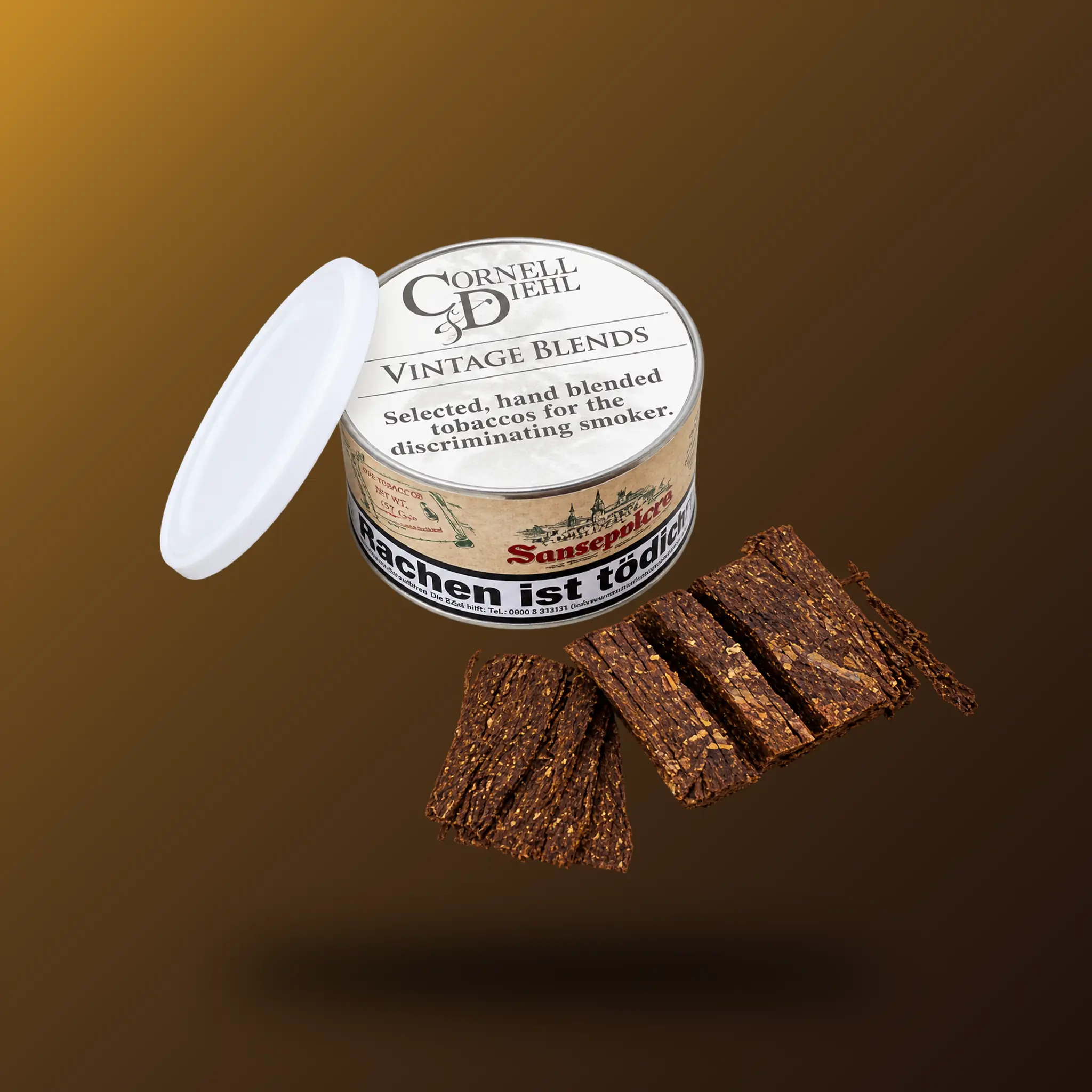Cornell & Diehl Vintage Blends Pfeifentabak in geöffneter Dose mit Tabakflakes
