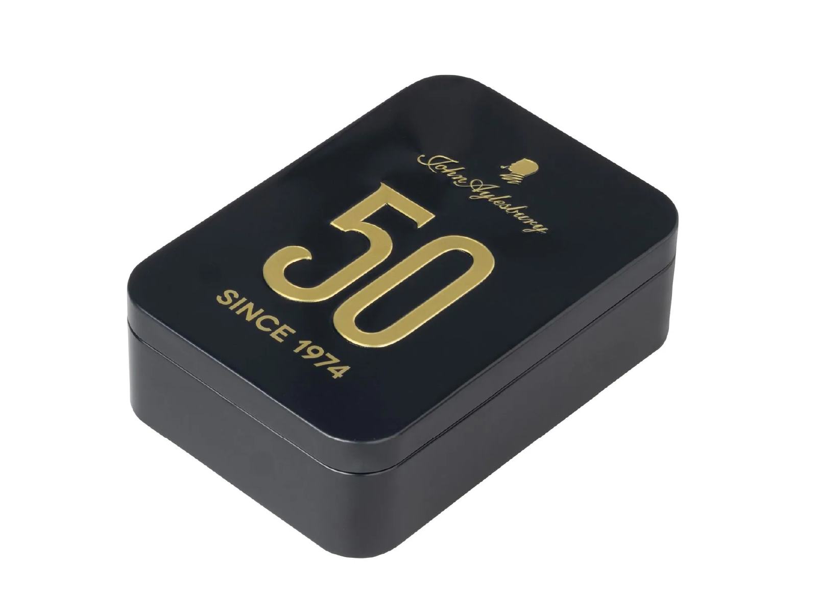 Schwarze John-Aylesbury-Jubiläumsdose mit goldener Aufschrift „50 Since 1974“
