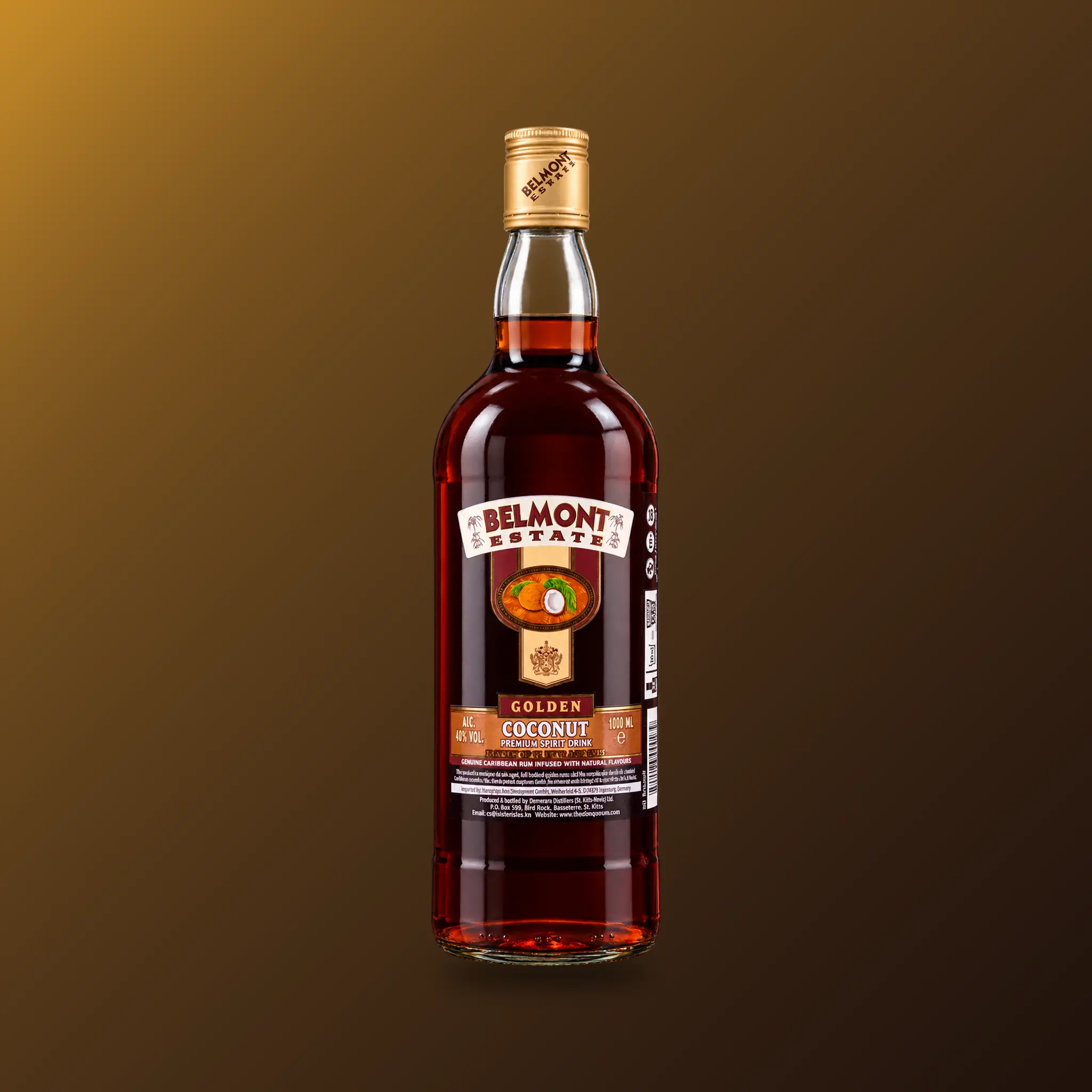 Belmont Estate Golden Coconut Premium Spirit Drink vor braun-goldenem Hintergrund